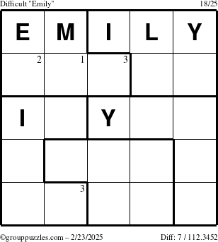 The grouppuzzles.com Difficult Emily puzzle for Sunday February 23, 2025 with the first 3 steps marked