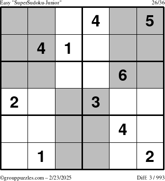 The grouppuzzles.com Easy SuperSudoku-Junior puzzle for Sunday February 23, 2025