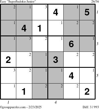 The grouppuzzles.com Easy SuperSudoku-Junior puzzle for Sunday February 23, 2025 with all 3 steps marked