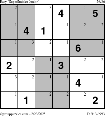 The grouppuzzles.com Easy SuperSudoku-Junior puzzle for Sunday February 23, 2025 with the first 3 steps marked