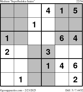 The grouppuzzles.com Medium SuperSudoku-Junior puzzle for Sunday February 23, 2025