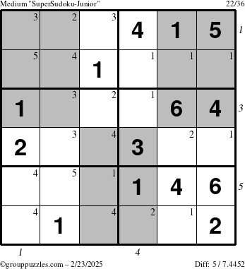 The grouppuzzles.com Medium SuperSudoku-Junior puzzle for Sunday February 23, 2025, suitable for printing, with all 5 steps marked