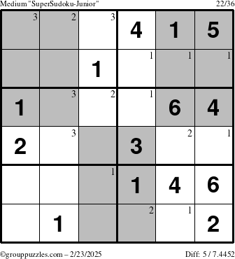 The grouppuzzles.com Medium SuperSudoku-Junior puzzle for Sunday February 23, 2025 with the first 3 steps marked