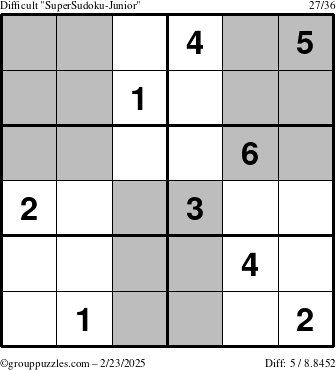 The grouppuzzles.com Difficult SuperSudoku-Junior puzzle for Sunday February 23, 2025