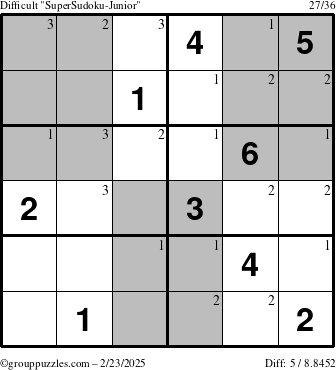 The grouppuzzles.com Difficult SuperSudoku-Junior puzzle for Sunday February 23, 2025 with the first 3 steps marked