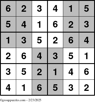 The grouppuzzles.com Answer grid for the SuperSudoku-Junior puzzle for Sunday February 23, 2025