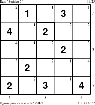 The grouppuzzles.com Easy Sudoku-5 puzzle for Sunday February 23, 2025 with all 4 steps marked