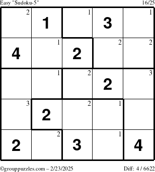 The grouppuzzles.com Easy Sudoku-5 puzzle for Sunday February 23, 2025 with the first 3 steps marked