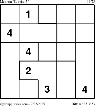 The grouppuzzles.com Medium Sudoku-5 puzzle for Sunday February 23, 2025