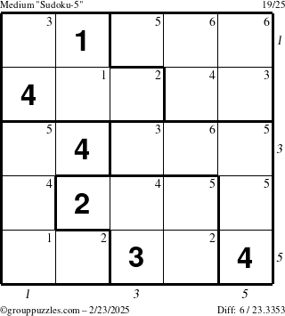 The grouppuzzles.com Medium Sudoku-5 puzzle for Sunday February 23, 2025 with all 6 steps marked