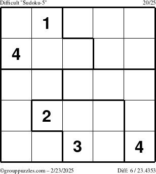 The grouppuzzles.com Difficult Sudoku-5 puzzle for Sunday February 23, 2025