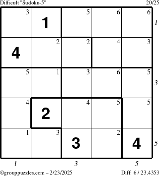 The grouppuzzles.com Difficult Sudoku-5 puzzle for Sunday February 23, 2025 with all 6 steps marked