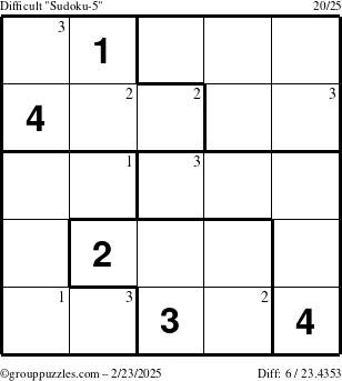 The grouppuzzles.com Difficult Sudoku-5 puzzle for Sunday February 23, 2025 with the first 3 steps marked