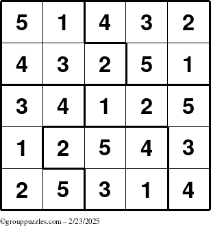 The grouppuzzles.com Answer grid for the Sudoku-5 puzzle for Sunday February 23, 2025