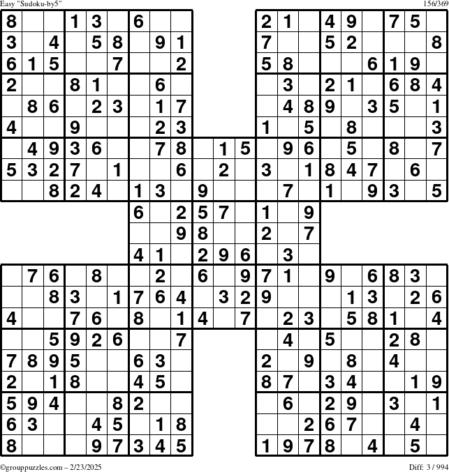 The grouppuzzles.com Easy Sudoku-by5 puzzle for Sunday February 23, 2025