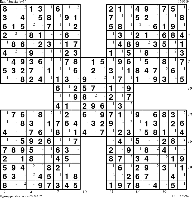 The grouppuzzles.com Easy Sudoku-by5 puzzle for Sunday February 23, 2025 with all 3 steps marked