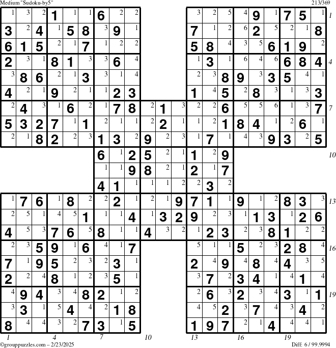 The grouppuzzles.com Medium Sudoku-by5 puzzle for Sunday February 23, 2025 with all 6 steps marked