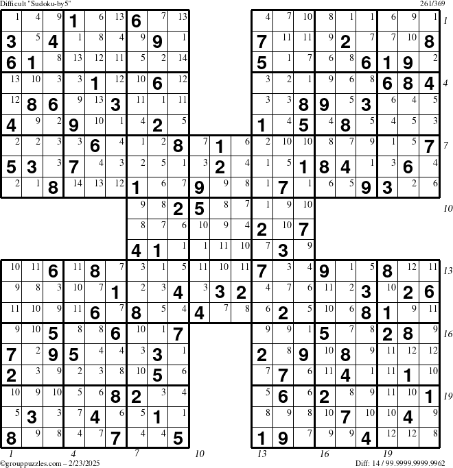 The grouppuzzles.com Difficult Sudoku-by5 puzzle for Sunday February 23, 2025 with all 14 steps marked