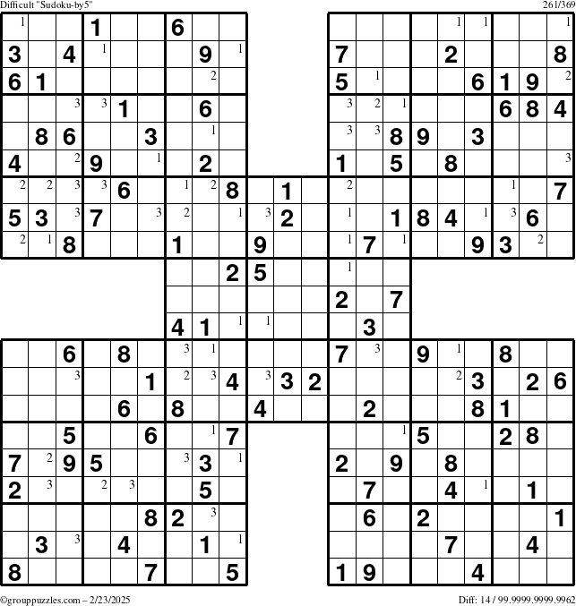 The grouppuzzles.com Difficult Sudoku-by5 puzzle for Sunday February 23, 2025 with the first 3 steps marked