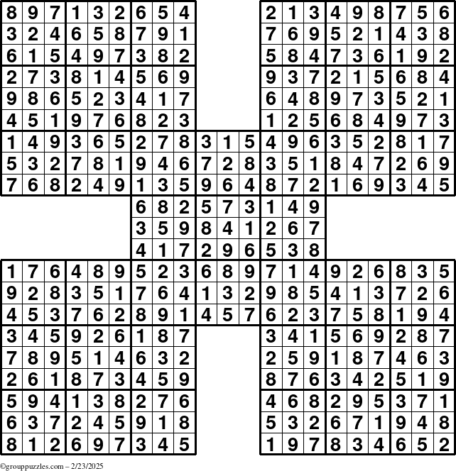 The grouppuzzles.com Answer grid for the Sudoku-by5 puzzle for Sunday February 23, 2025