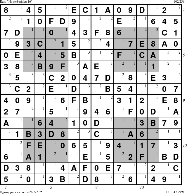 The grouppuzzles.com Easy HyperSudoku-16 puzzle for Sunday February 23, 2025 with all 4 steps marked