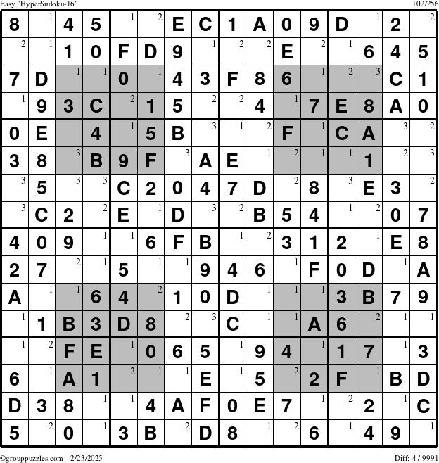 The grouppuzzles.com Easy HyperSudoku-16 puzzle for Sunday February 23, 2025 with the first 3 steps marked