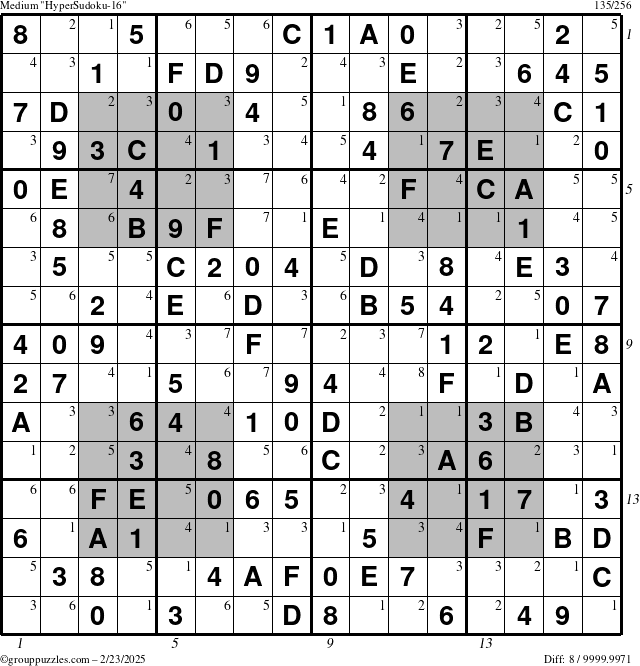 The grouppuzzles.com Medium HyperSudoku-16 puzzle for Sunday February 23, 2025, suitable for printing, with all 8 steps marked