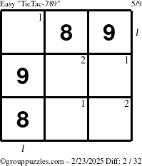 The grouppuzzles.com Easy TicTac-789 puzzle for Sunday February 23, 2025, suitable for printing, with all 2 steps marked