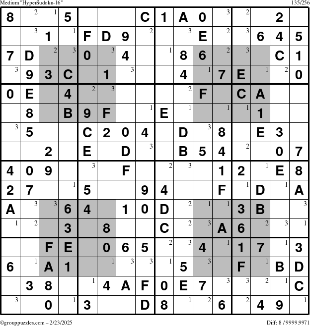 The grouppuzzles.com Medium HyperSudoku-16 puzzle for Sunday February 23, 2025 with the first 3 steps marked