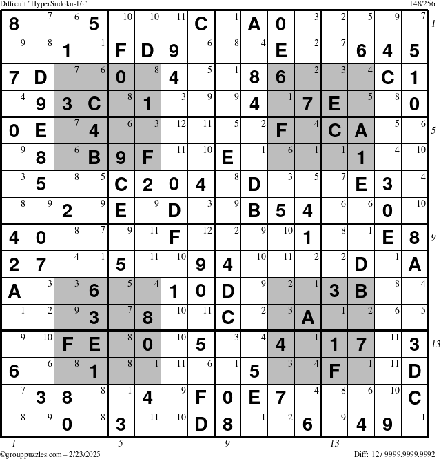 The grouppuzzles.com Difficult HyperSudoku-16 puzzle for Sunday February 23, 2025, suitable for printing, with all 12 steps marked