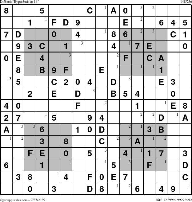 The grouppuzzles.com Difficult HyperSudoku-16 puzzle for Sunday February 23, 2025 with the first 3 steps marked