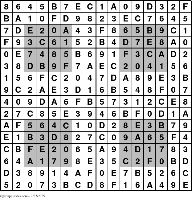 The grouppuzzles.com Answer grid for the HyperSudoku-16 puzzle for Sunday February 23, 2025