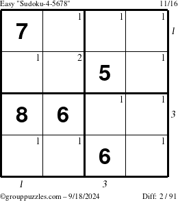 The grouppuzzles.com Easy Sudoku-4-5678 puzzle for Wednesday September 18, 2024 with all 2 steps marked