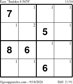 The grouppuzzles.com Easy Sudoku-4-5678 puzzle for Wednesday September 18, 2024 with the first 2 steps marked