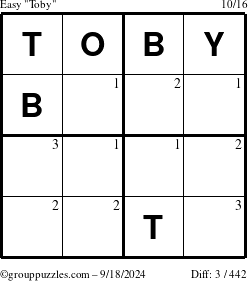 The grouppuzzles.com Easy Toby puzzle for Wednesday September 18, 2024 with the first 3 steps marked