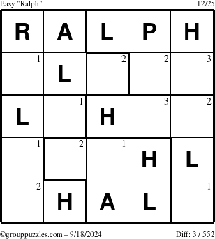 The grouppuzzles.com Easy Ralph puzzle for Wednesday September 18, 2024 with the first 3 steps marked