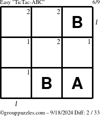 The grouppuzzles.com Easy TicTac-ABC puzzle for Wednesday September 18, 2024, suitable for printing, with all 2 steps marked