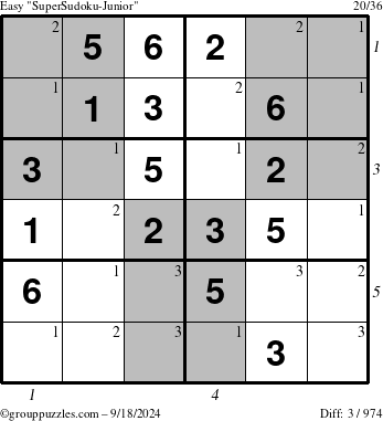 The grouppuzzles.com Easy SuperSudoku-Junior puzzle for Wednesday September 18, 2024 with all 3 steps marked