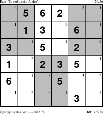 The grouppuzzles.com Easy SuperSudoku-Junior puzzle for Wednesday September 18, 2024 with the first 3 steps marked