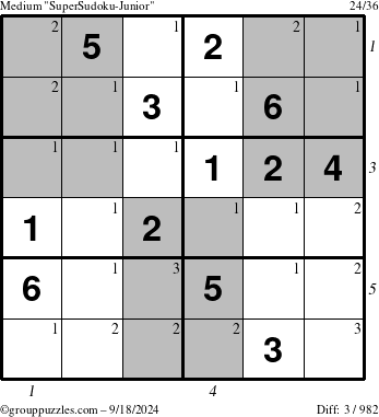 The grouppuzzles.com Medium SuperSudoku-Junior puzzle for Wednesday September 18, 2024 with all 3 steps marked