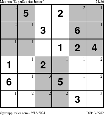 The grouppuzzles.com Medium SuperSudoku-Junior puzzle for Wednesday September 18, 2024 with the first 3 steps marked