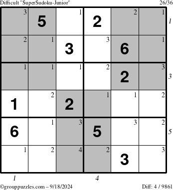 The grouppuzzles.com Difficult SuperSudoku-Junior puzzle for Wednesday September 18, 2024 with all 4 steps marked