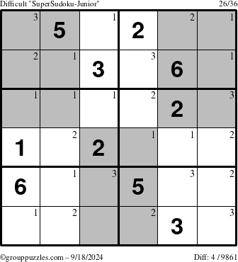 The grouppuzzles.com Difficult SuperSudoku-Junior puzzle for Wednesday September 18, 2024 with the first 3 steps marked