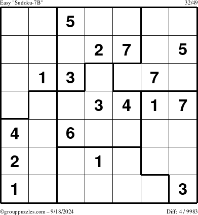 The grouppuzzles.com Easy Sudoku-7B puzzle for Wednesday September 18, 2024