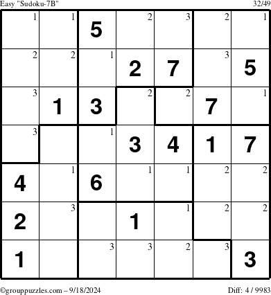 The grouppuzzles.com Easy Sudoku-7B puzzle for Wednesday September 18, 2024 with the first 3 steps marked