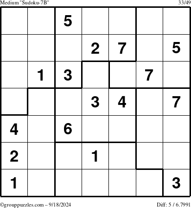 The grouppuzzles.com Medium Sudoku-7B puzzle for Wednesday September 18, 2024