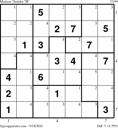 The grouppuzzles.com Medium Sudoku-7B puzzle for Wednesday September 18, 2024 with all 5 steps marked