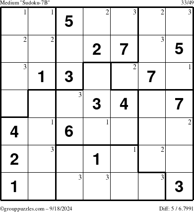 The grouppuzzles.com Medium Sudoku-7B puzzle for Wednesday September 18, 2024 with the first 3 steps marked