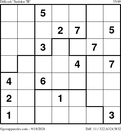 The grouppuzzles.com Difficult Sudoku-7B puzzle for Wednesday September 18, 2024