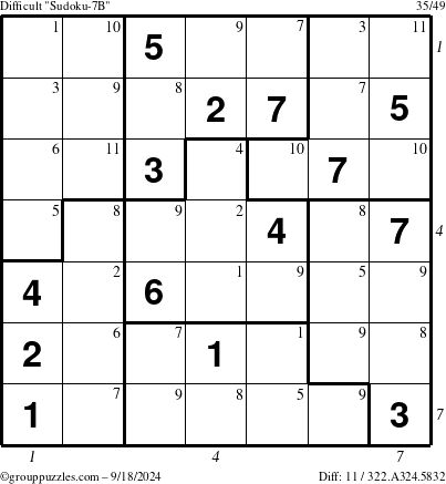 The grouppuzzles.com Difficult Sudoku-7B puzzle for Wednesday September 18, 2024 with all 11 steps marked